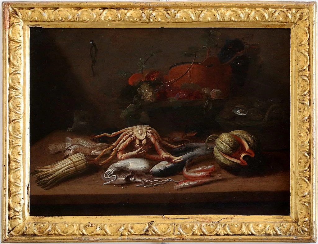 Natura morta con frutta e granchio